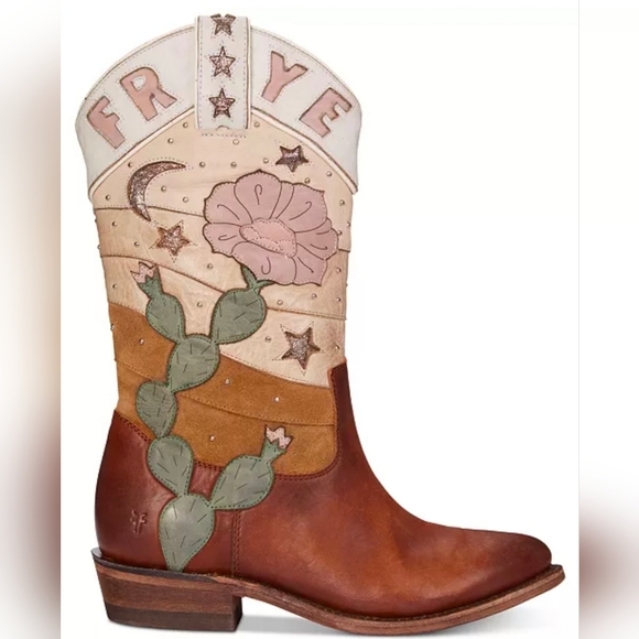 Frye Shoes - NWOB Frye Brown & Tan Western Cactus Embroidered Heeled Boots